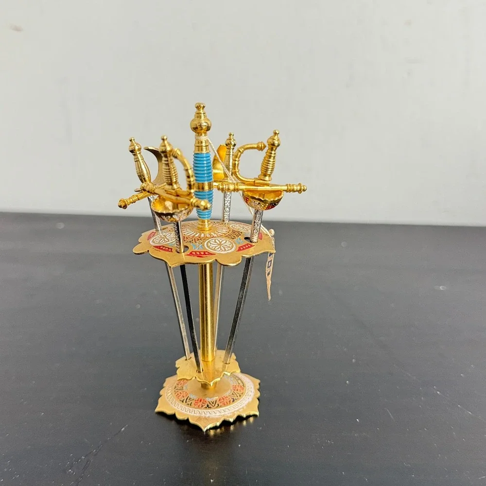Vintage Toledo Spanish Mini Sword Cocktail Pick Set 4 Picks Stand Made in Spain